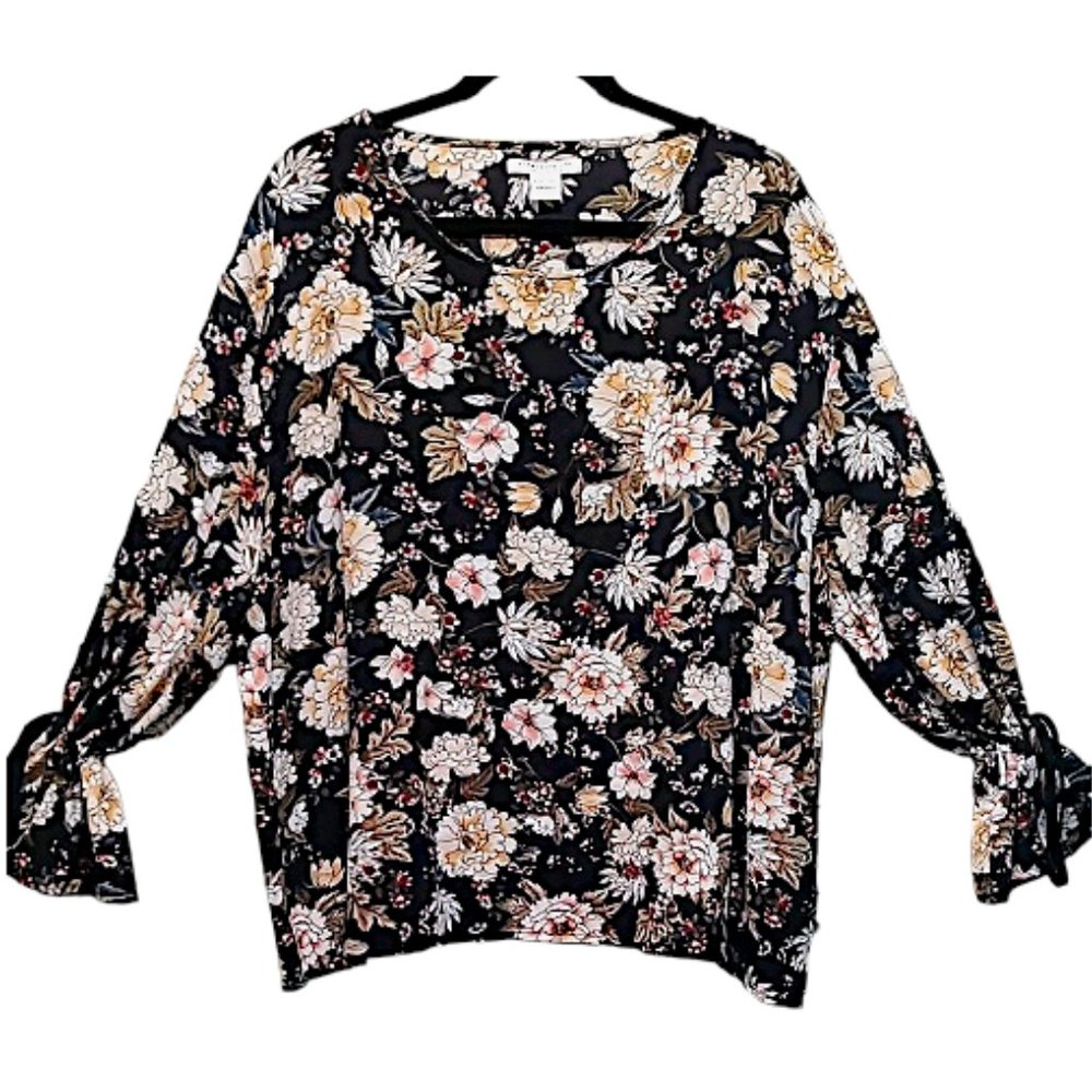 Black Floral Boho Blouse with Open Long Sleeves Tied in 2 Places Size 22